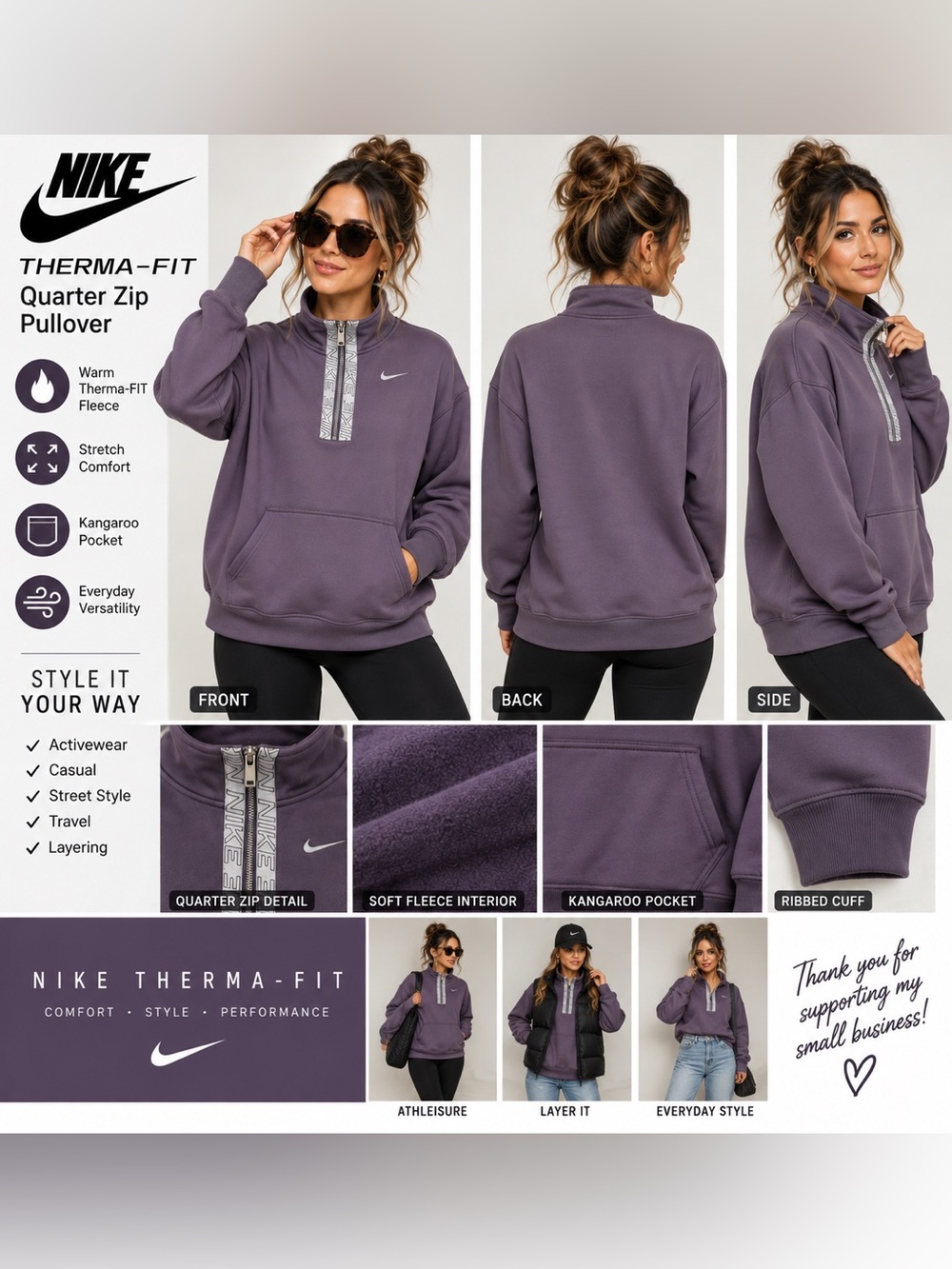 Nike Quarter Zip Pullover Sweatshirt Purple Women’s Medium Kangaroo Pocket